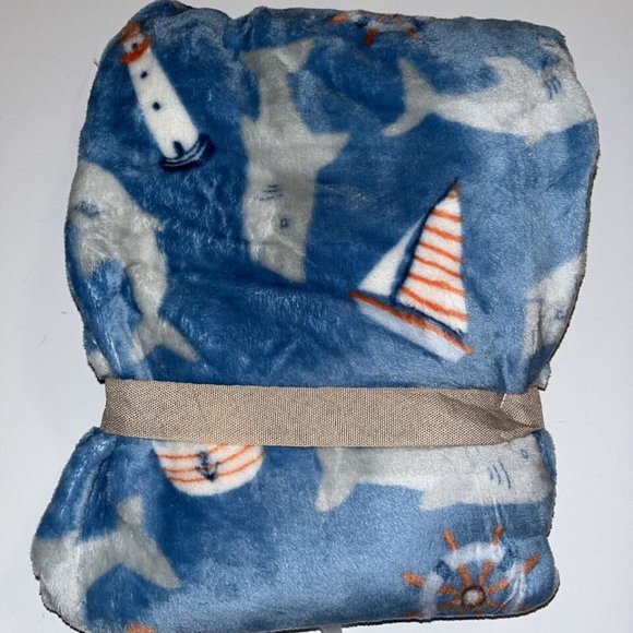 Shark Lighthouse Sailor Boat Hammerhead nautical security Blanket Baby Boy blue - Picture 4 of 4